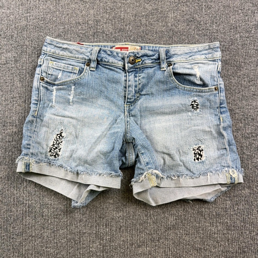 T Five Shorts Juniors 11 Blue Denim Distressed Cuffed Cutoff Embroidered